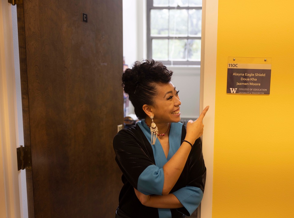 Kha photographed outside of the office space she shares with Eagle Shield and Moore inside the Banks Center.