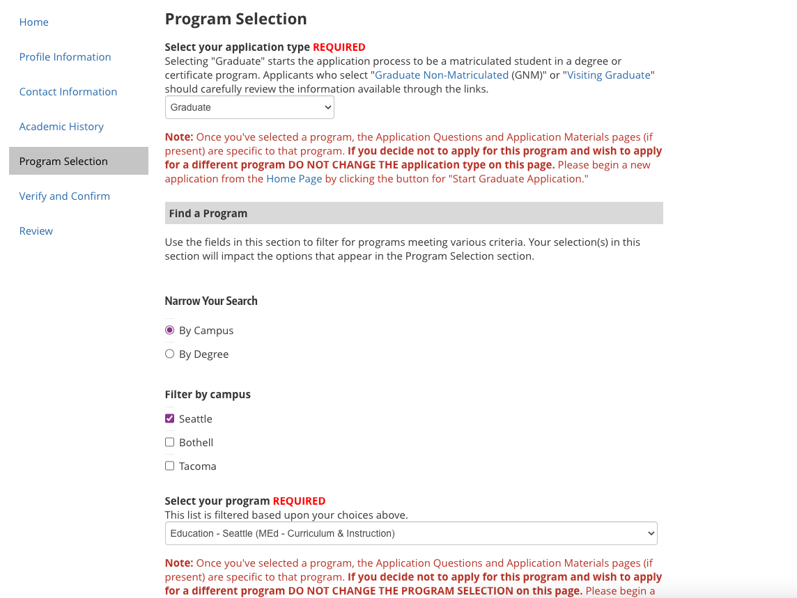 Program selection page