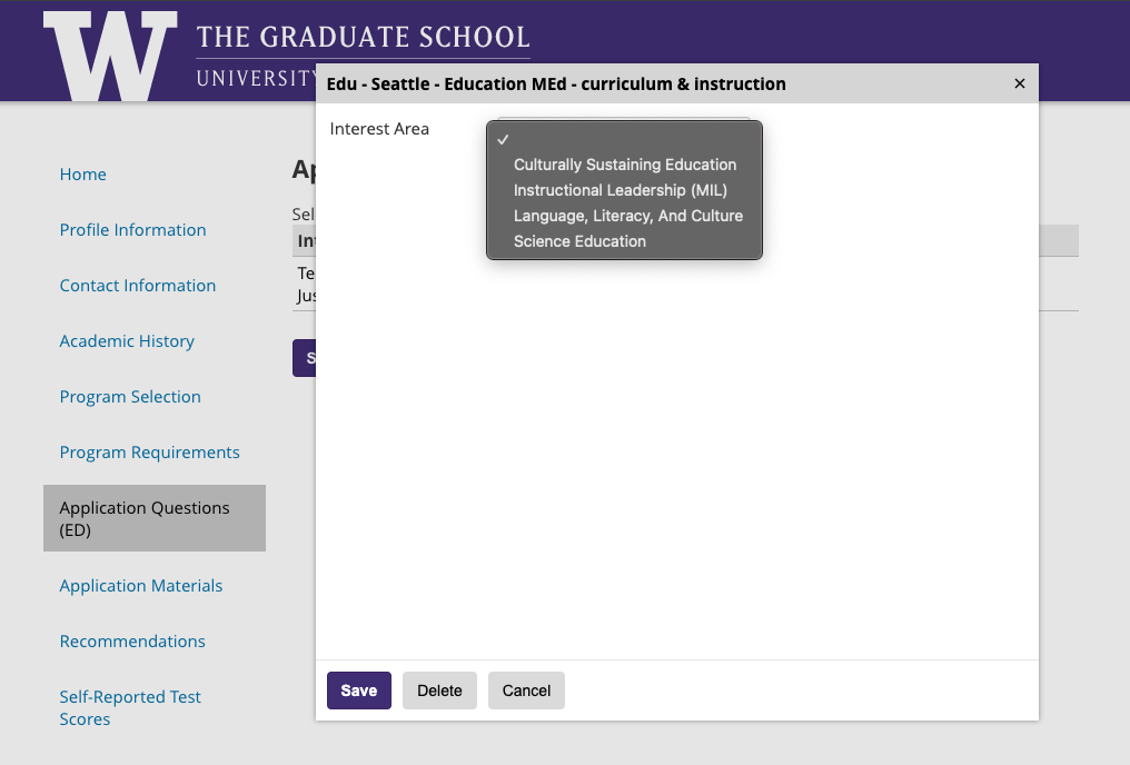 Program selection page on application