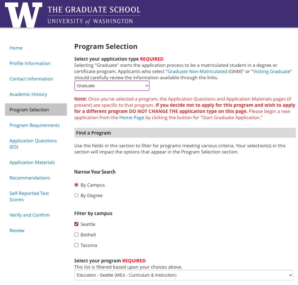 Program selection page on application