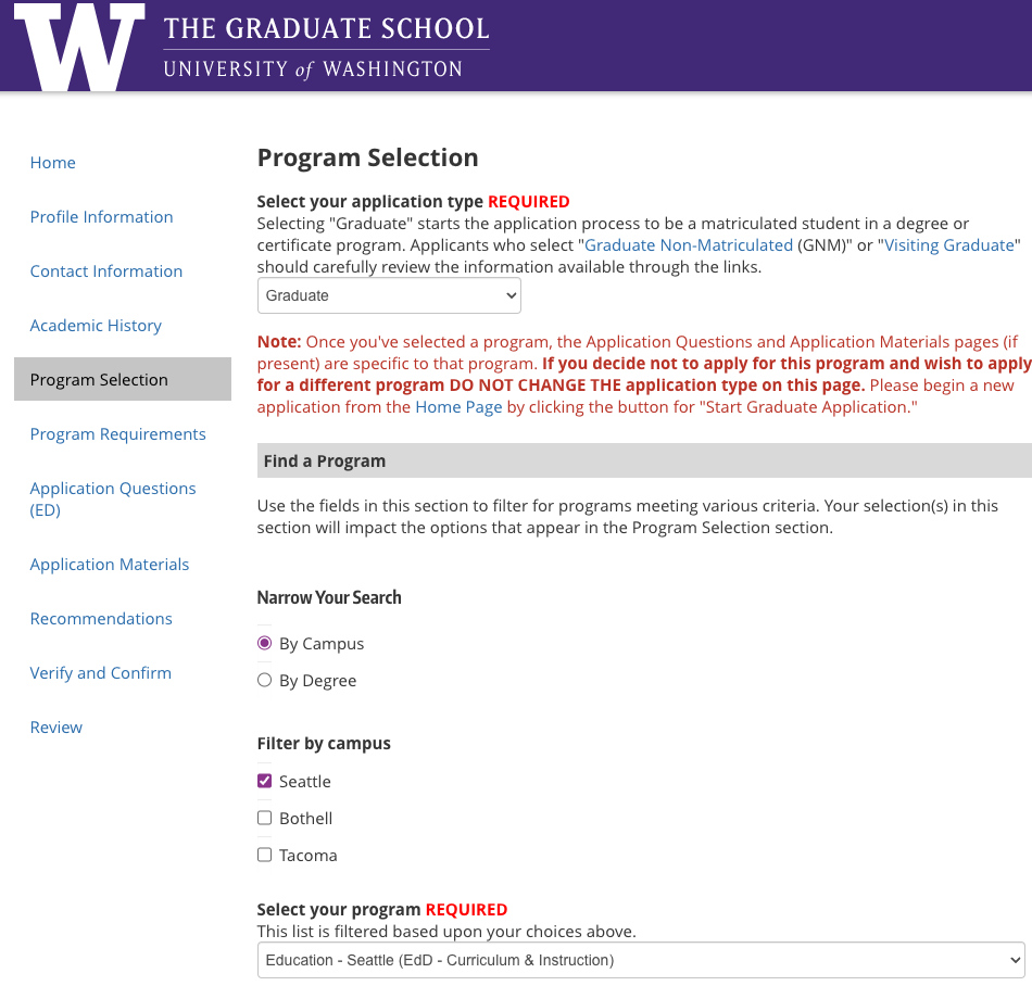 Program selection page on application