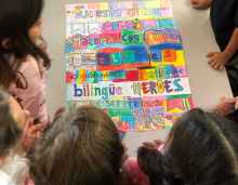 elementary students making a poster of affirmations
